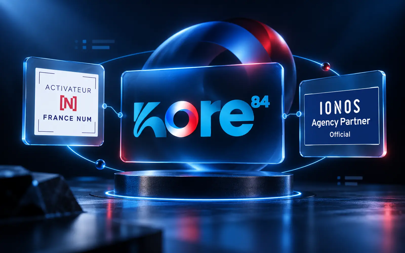 Kore84 entouré des badges officiels Activateur France Num et IONOS Agency Partner