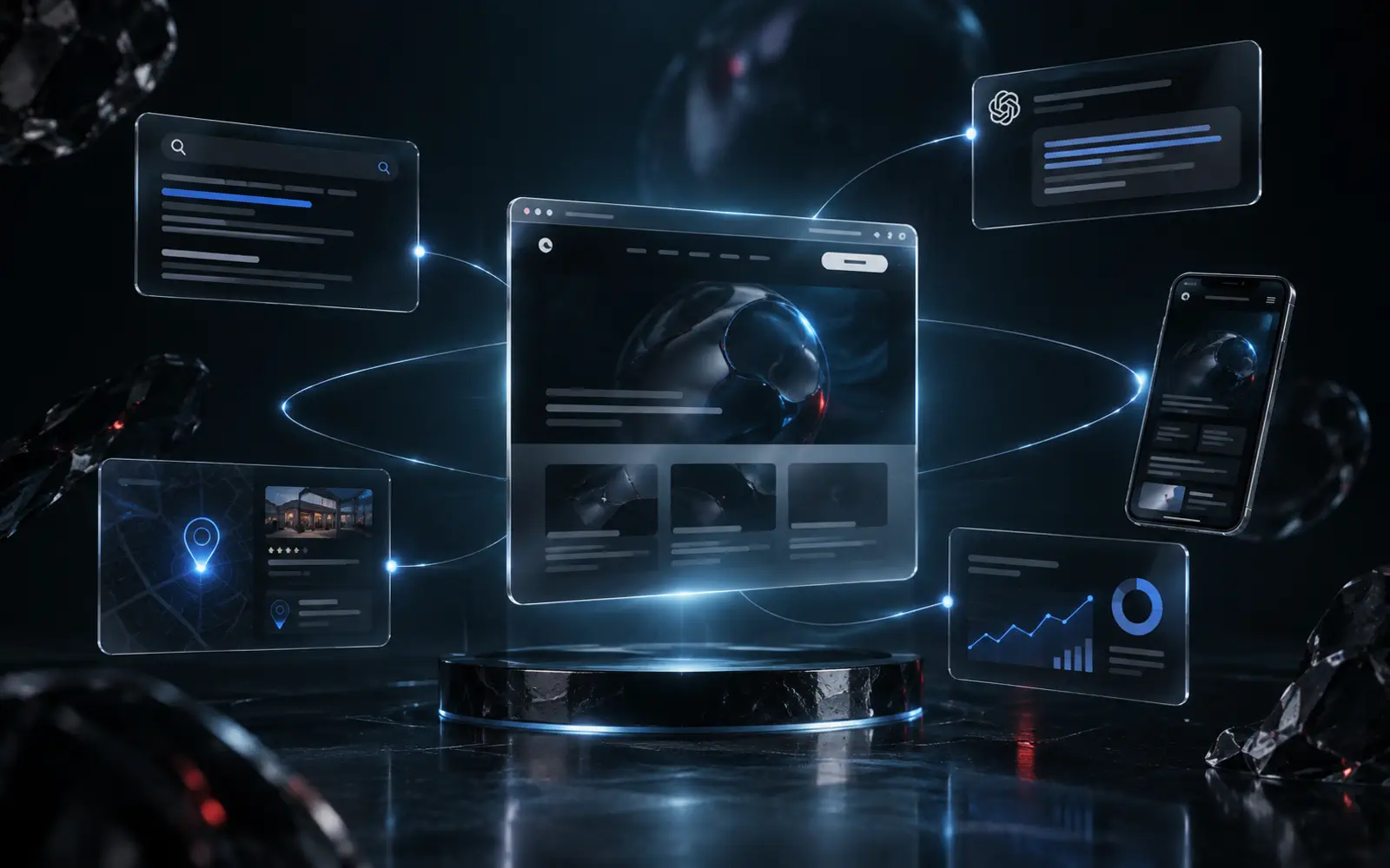Écosystème digital reliant un site internet, la recherche, l’intelligence artificielle, le mobile et la visibilité locale