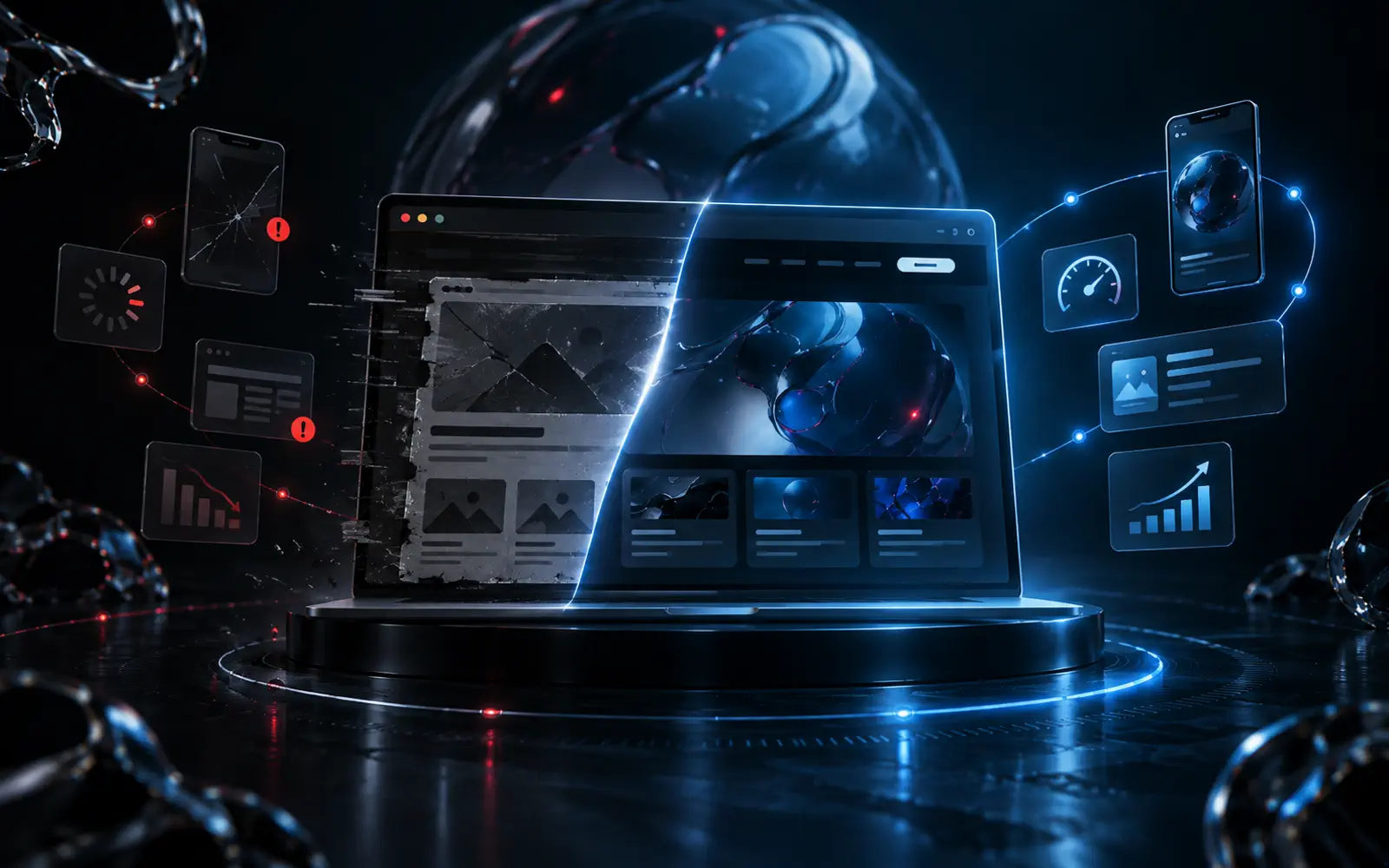 Comparaison entre un site internet obsolète et sa refonte moderne, rapide et adaptée au mobile