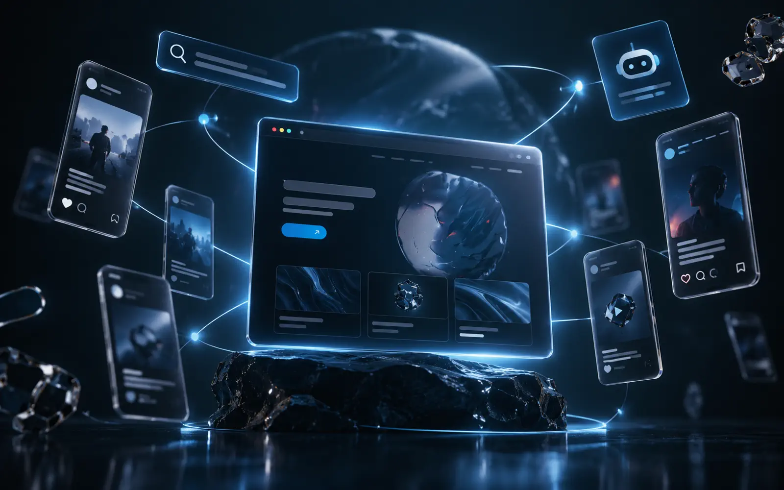 Site internet central relié aux réseaux sociaux, à la recherche et aux outils d’intelligence artificielle