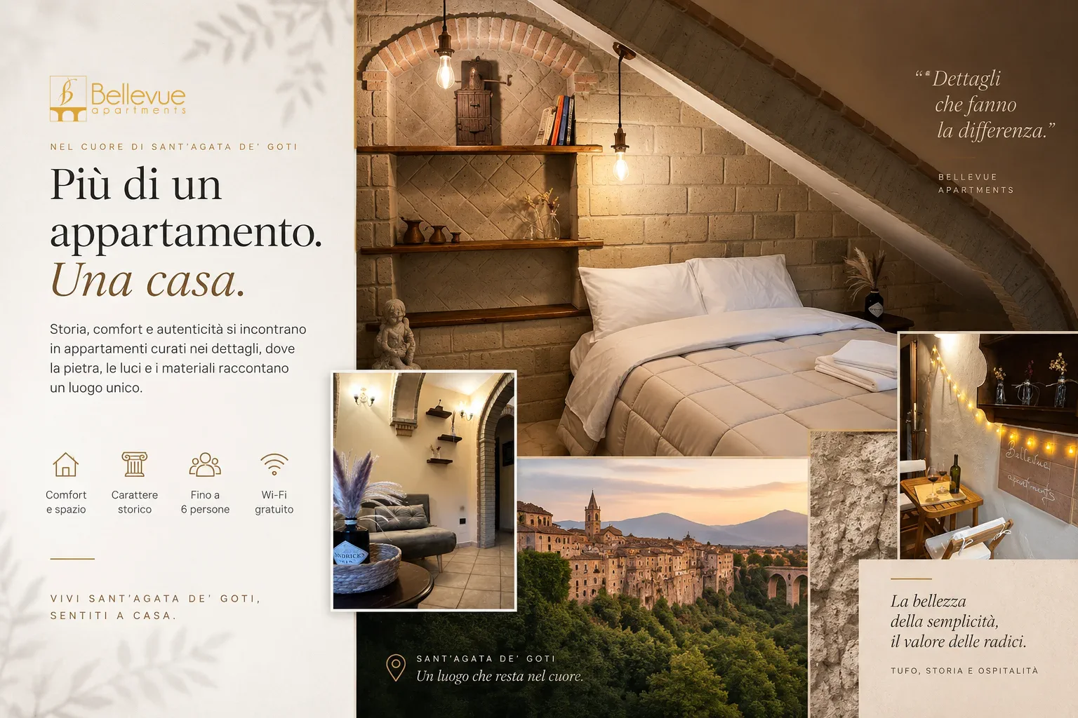 Présentation éditoriale des hébergements Bellevue Apartments, de leurs espaces, de leur capacité et de leur environnement à Sant’Agata de’ Goti.