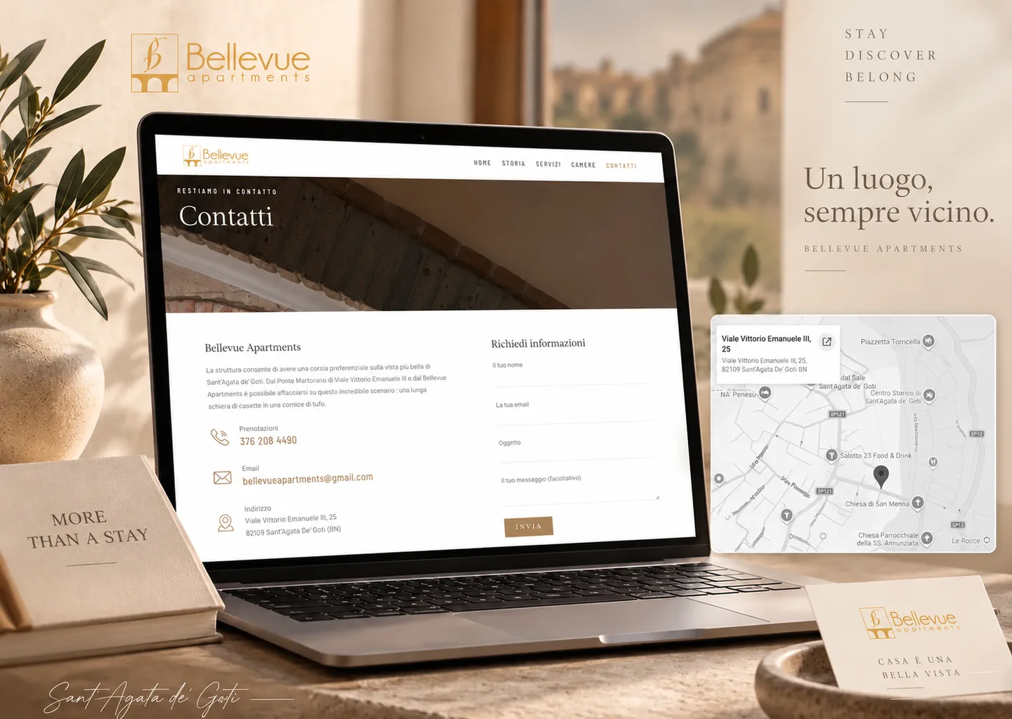 Présentation de la page contact de Bellevue Apartments avec téléphone, adresse, formulaire de demande et localisation.