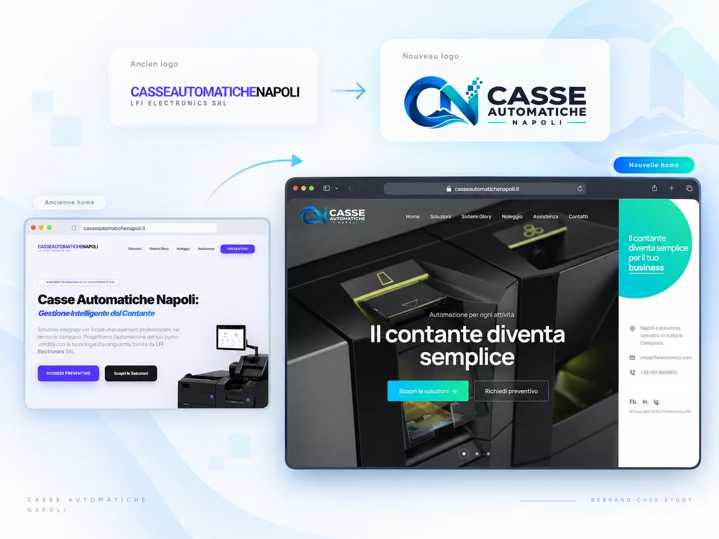Comparaison de l’ancienne et de la nouvelle identité de Casse Automatiche Napoli appliquée au site internet.