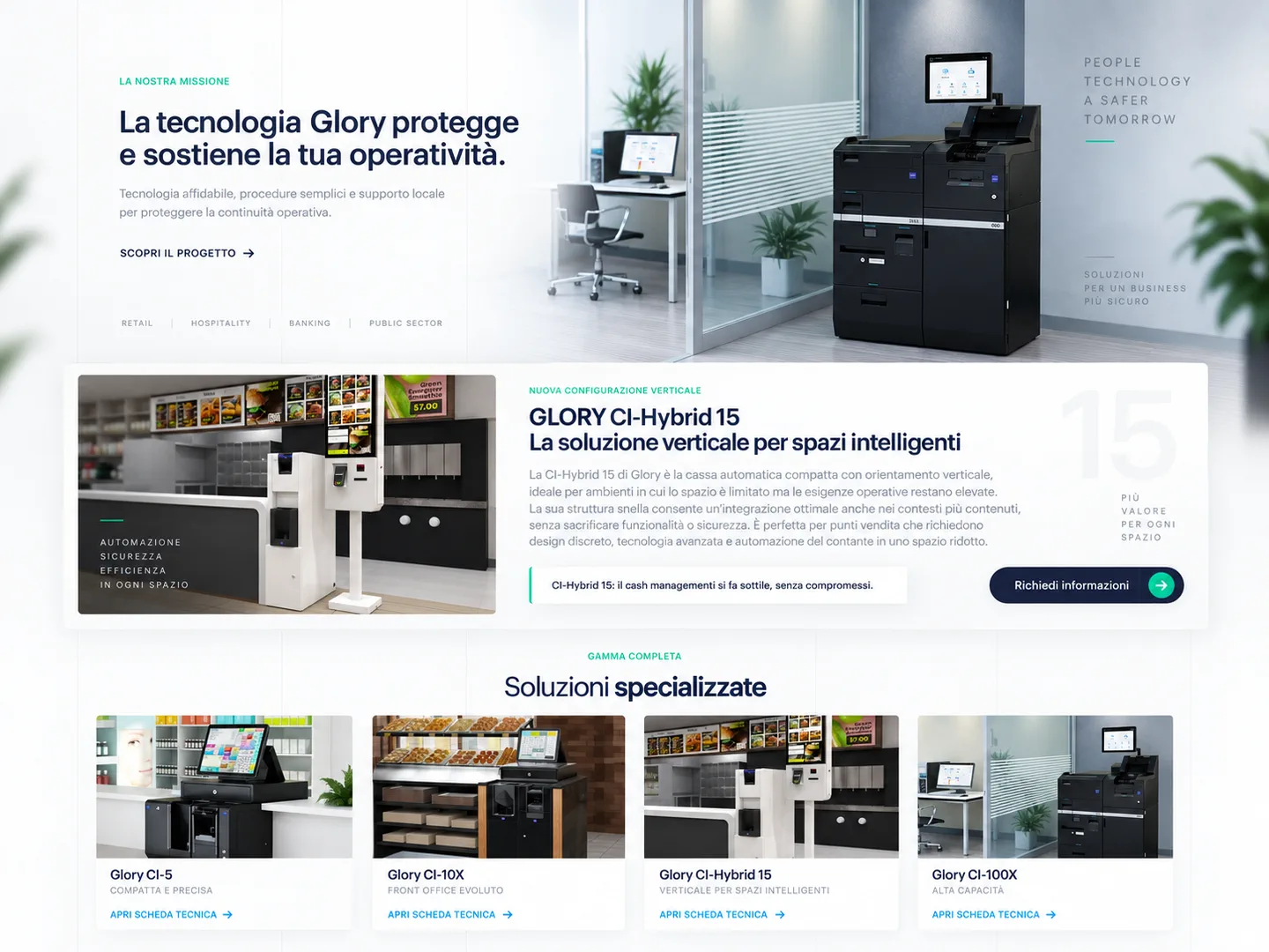 Présentation des solutions Glory proposées par Casse Automatiche Napoli selon les usages et les environnements professionnels.