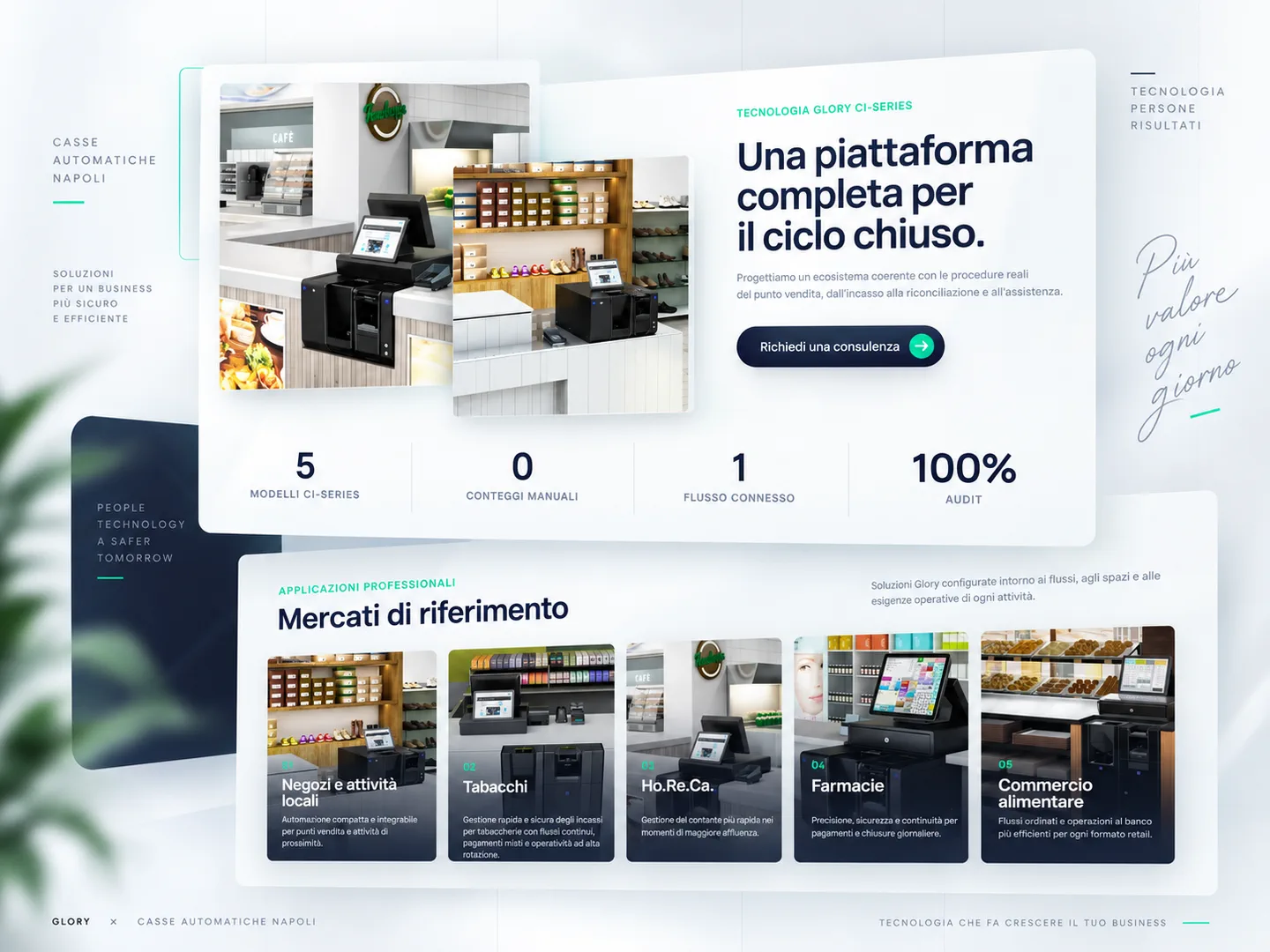 Présentation des configurations Glory adaptées aux commerces locaux, tabacs, établissements HoReCa, pharmacies et commerces alimentaires.
