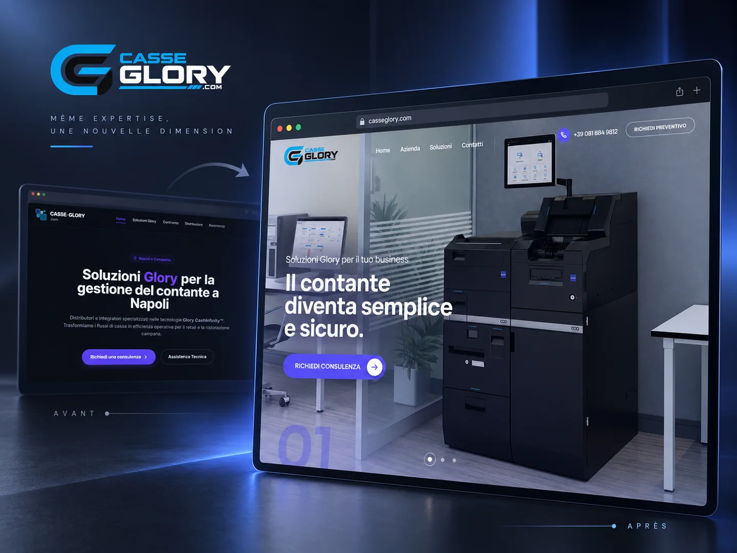 Comparaison de l’ancienne et de la nouvelle identité de Casse Glory appliquée au site internet.