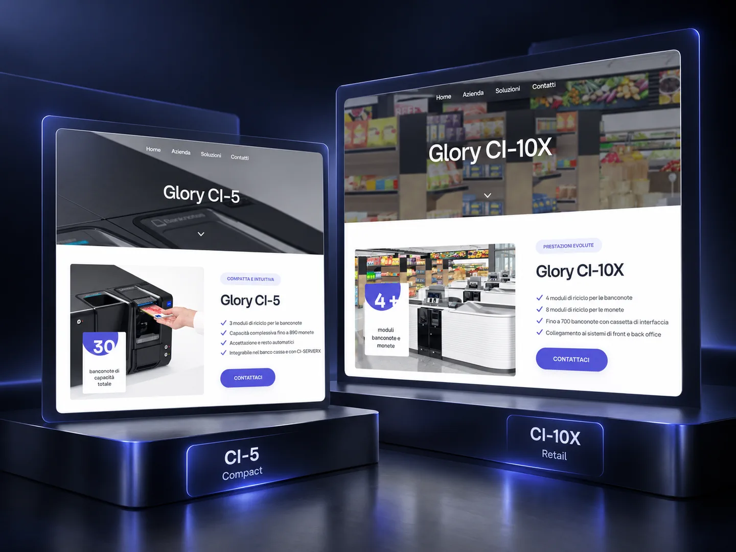 Comparaison des solutions Glory CI-5 compacte et CI-10X destinée aux environnements retail à fort volume.