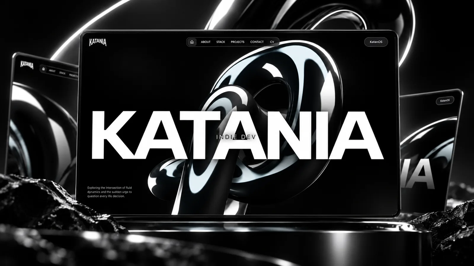 Composition de la homepage Katania présentant son identité d’indie developer dans un univers noir et blanc.