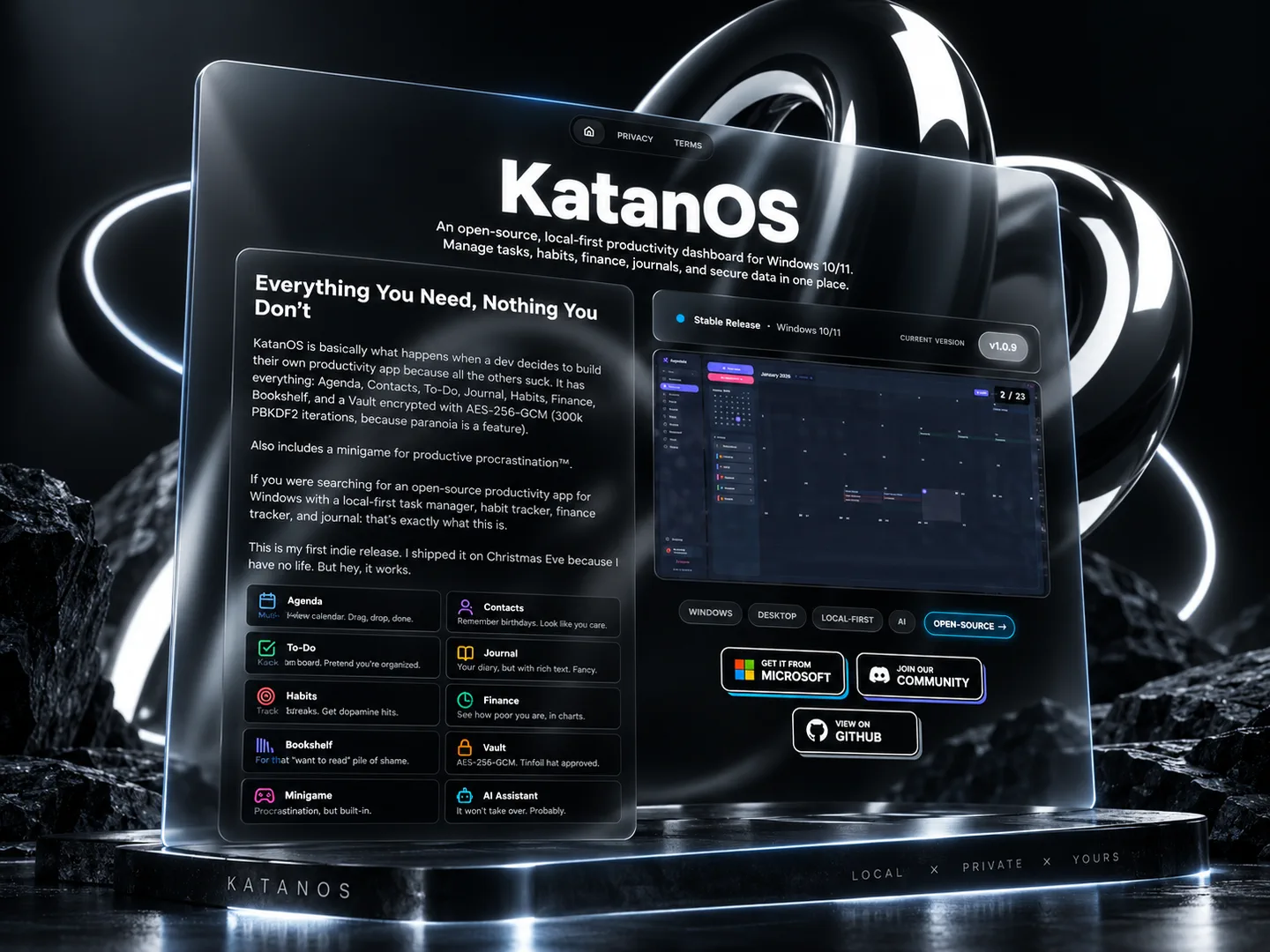 Présentation de KatanOS, application Windows local-first réunissant agenda, tâches, journal, habitudes, finances et données privées.