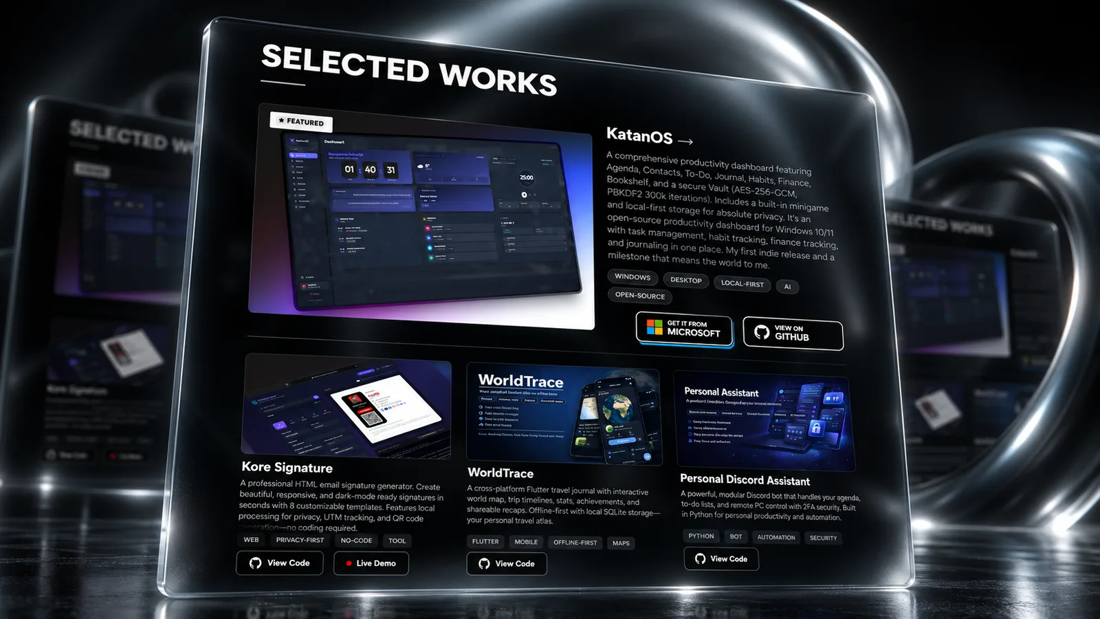 Présentation des produits numériques sélectionnés de Katania : KatanOS, Kore Signature, WorldTrace et Personal Discord Assistant.