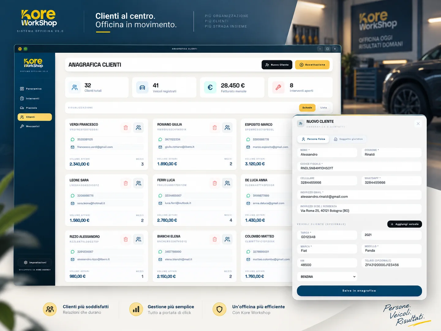 Interface KoreWorkshop de gestion des clients et création d’une fiche reliant coordonnées et véhicule.