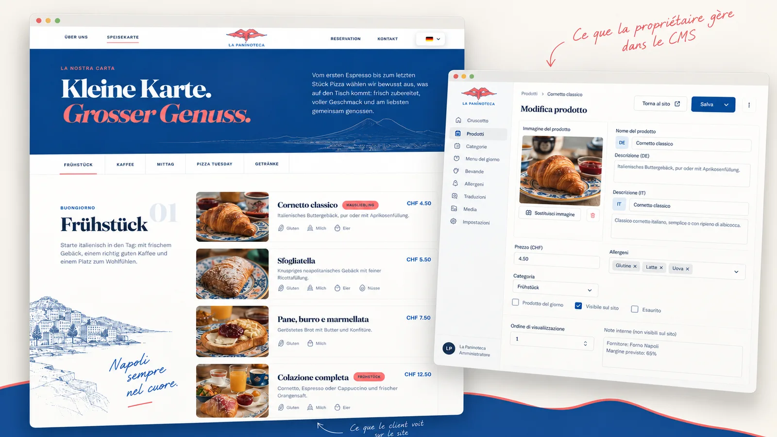 Menu public de La Paninoteca Napoletana associé à l’interface du CMS permettant de modifier les produits.