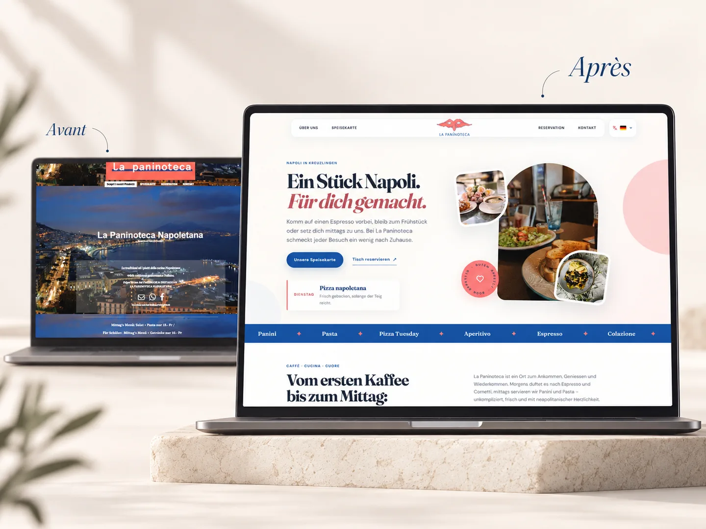 Comparaison avant et après la refonte du site de La Paninoteca Napoletana.