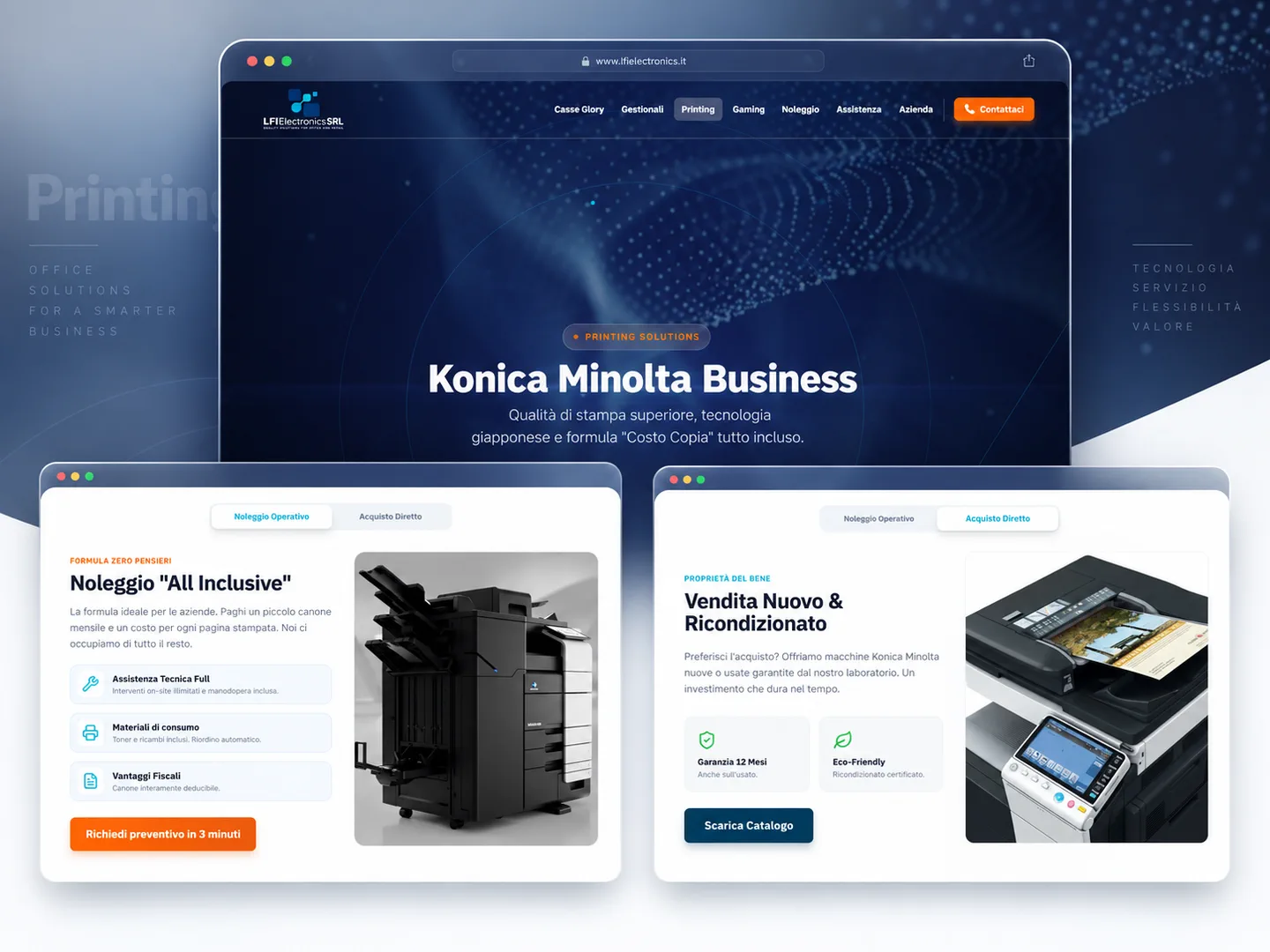 Présentation des solutions d’impression Konica Minolta et des options de location opérationnelle ou d’achat proposées par LFI Electronics.