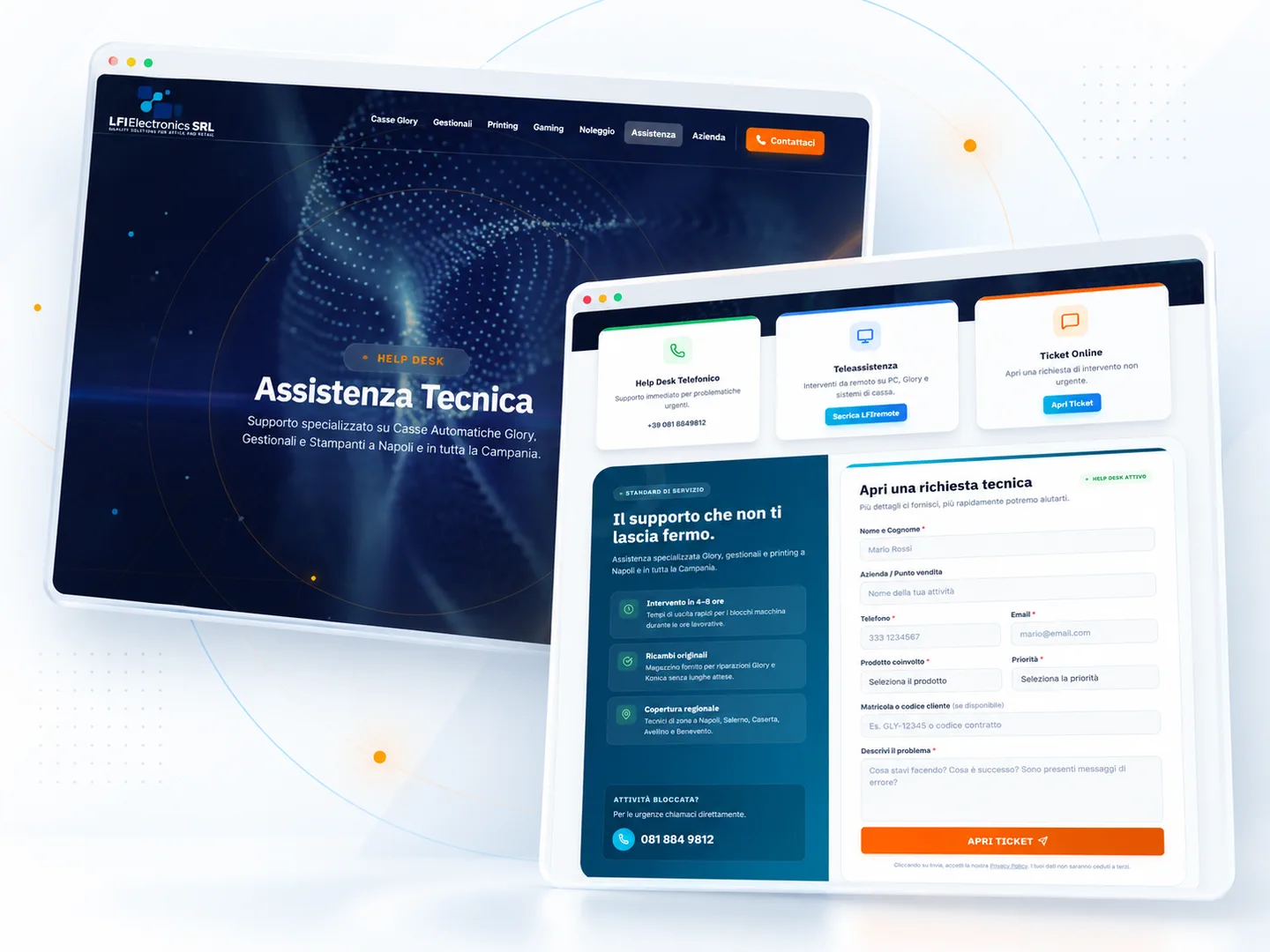 Présentation de l’assistance technique LFI Electronics avec help desk, téléassistance, ticketing et formulaire de demande.