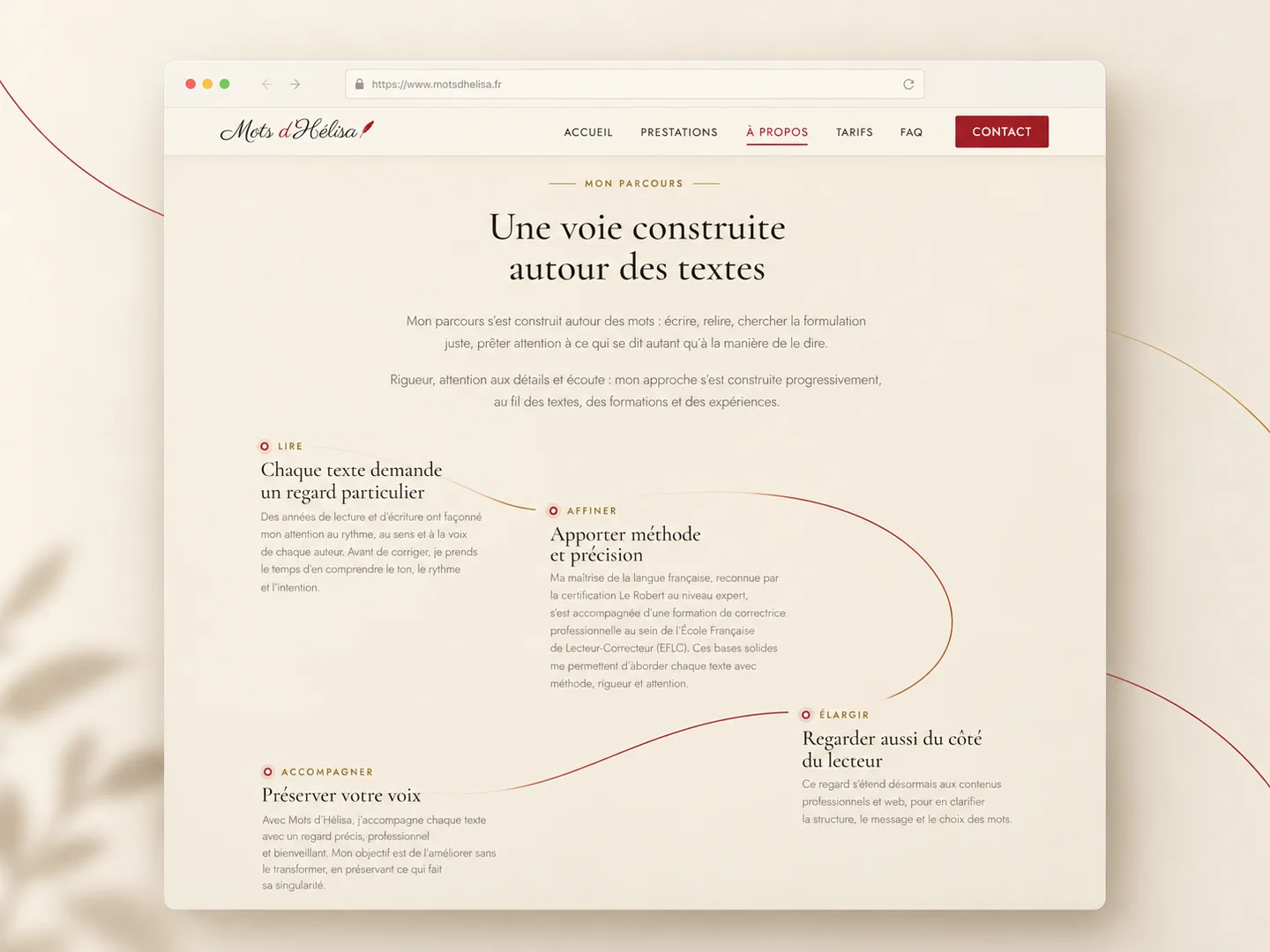 Page à propos de Mots d’Hélisa présentant le parcours, la méthode et les engagements d’Aurélie.