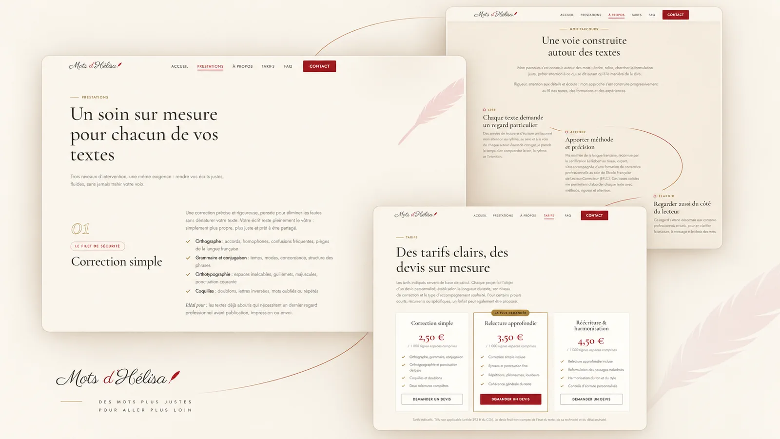 Composition des pages prestations, à propos et tarifs du site Mots d’Hélisa.