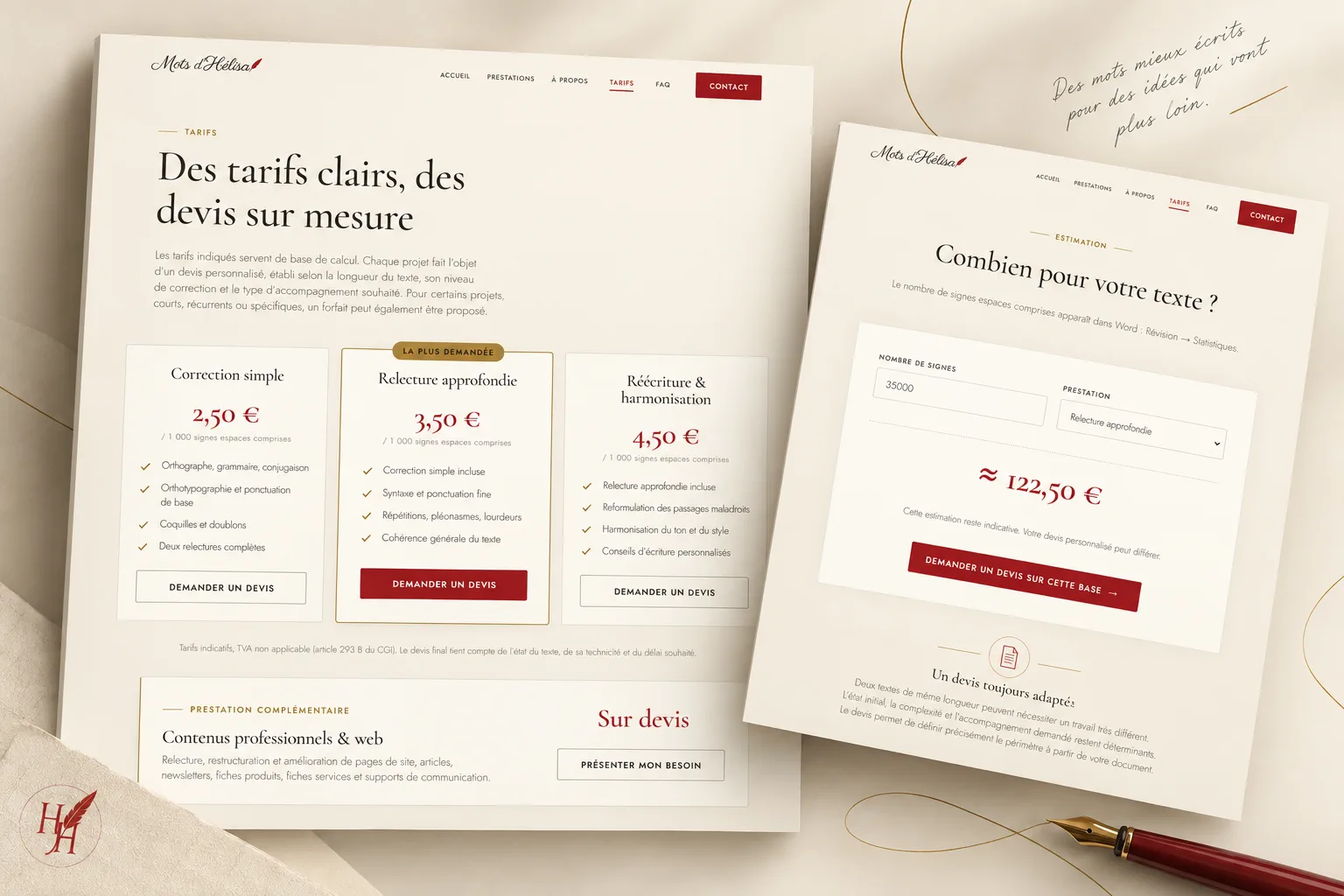 Présentation des tarifs de Mots d’Hélisa accompagnée de l’outil d’estimation selon le volume et la prestation.