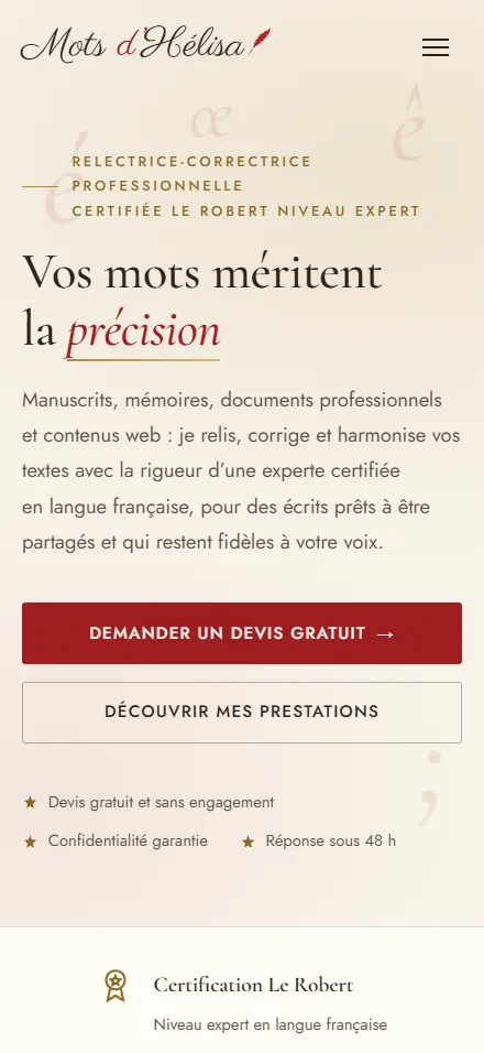 Page d’accueil du site Mots d’Hélisa sur smartphone.
