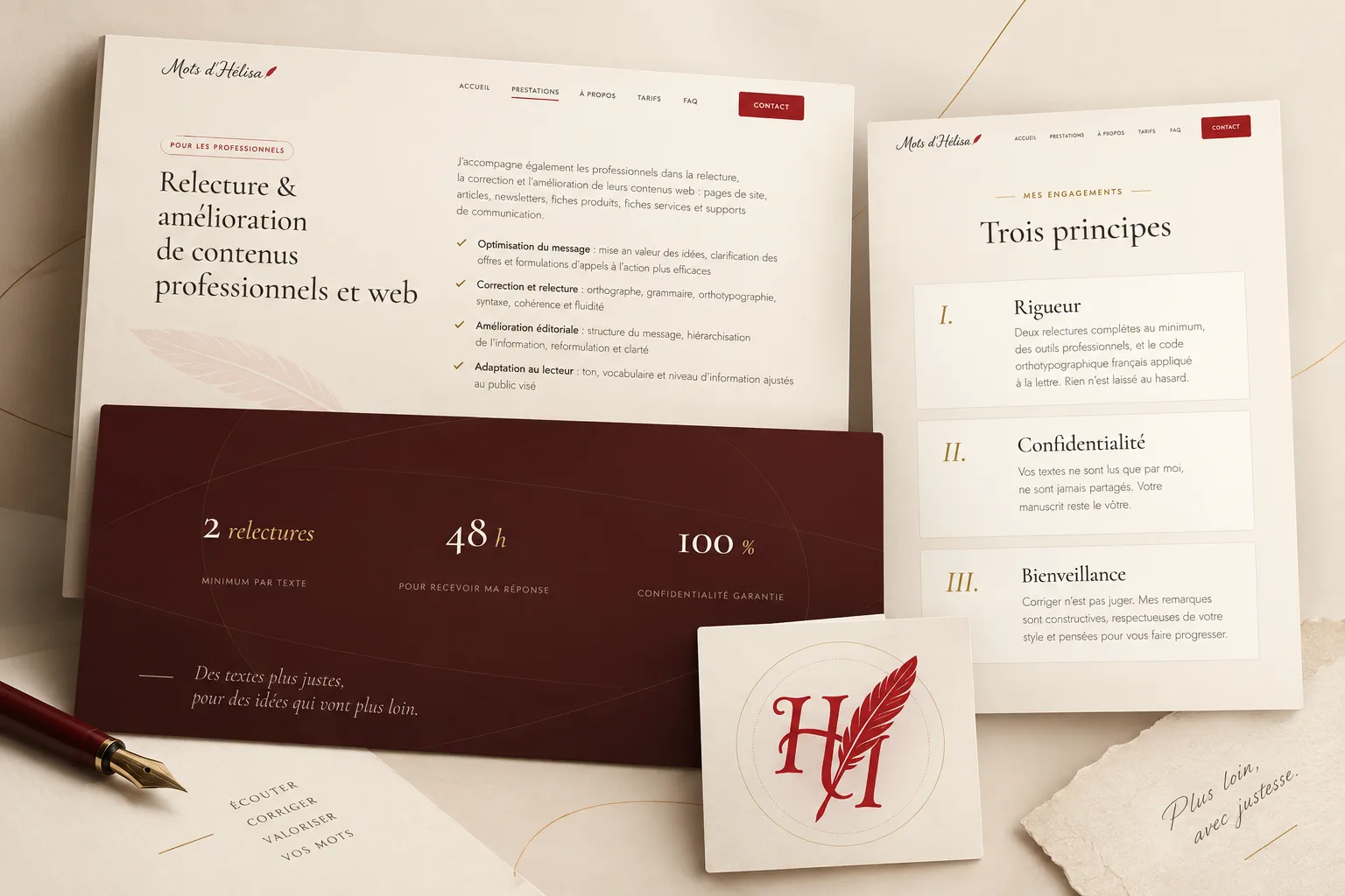 Composition de l’identité visuelle de Mots d’Hélisa avec pages éditoriales, palette bordeaux, plume et monogramme.