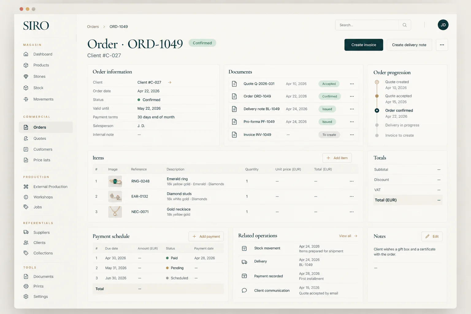 Commande SIRO avec documents commerciaux associés, progression, échéancier de paiement et opérations liées.