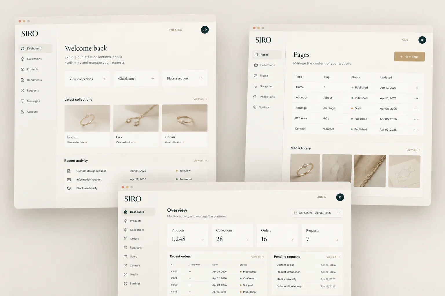 Les espaces B2B, CMS et administration coordonnés dans la plateforme SIRO Jewelry.