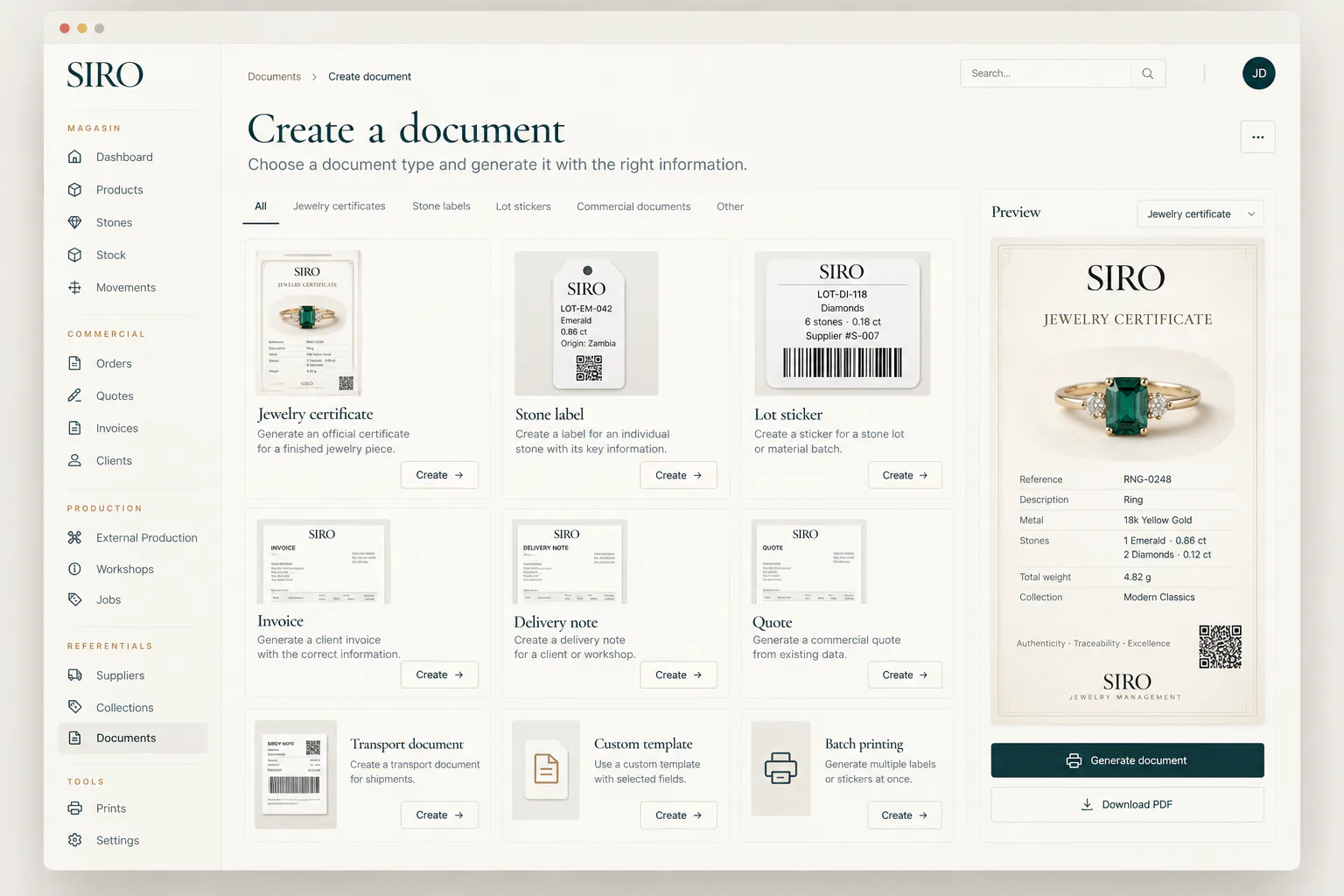 Interface SIRO de génération de certificats, étiquettes, stickers et documents commerciaux avec aperçu.