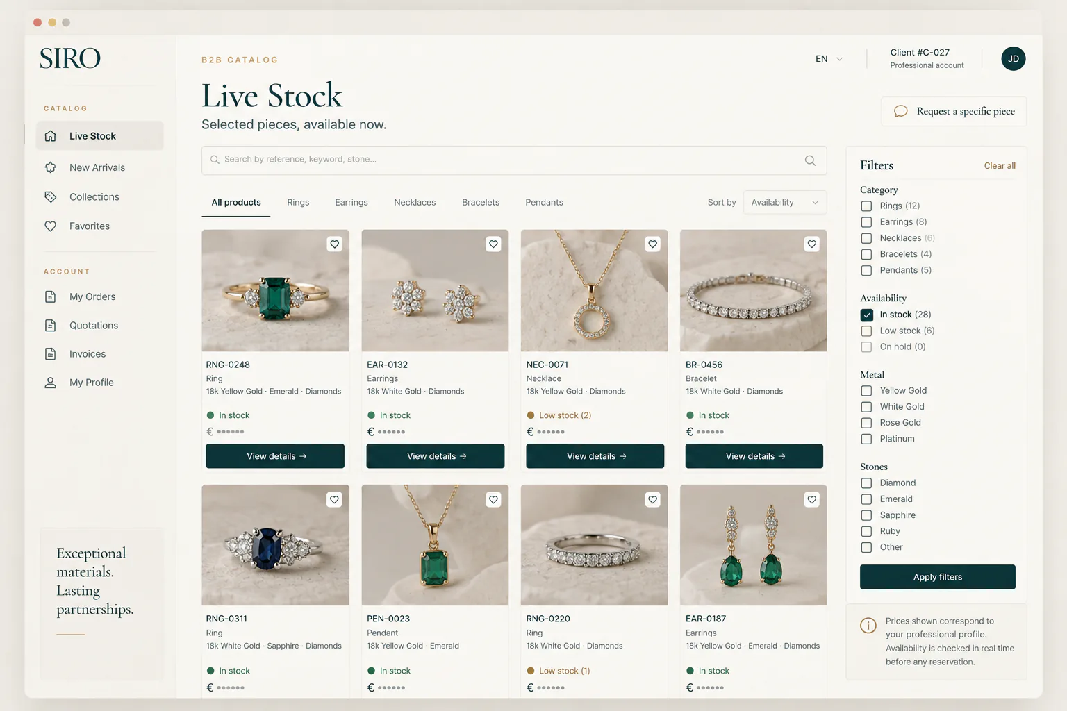 Catalogue Live Stock B2B de SIRO Jewelry avec produits, disponibilités, prix réservés et filtres.