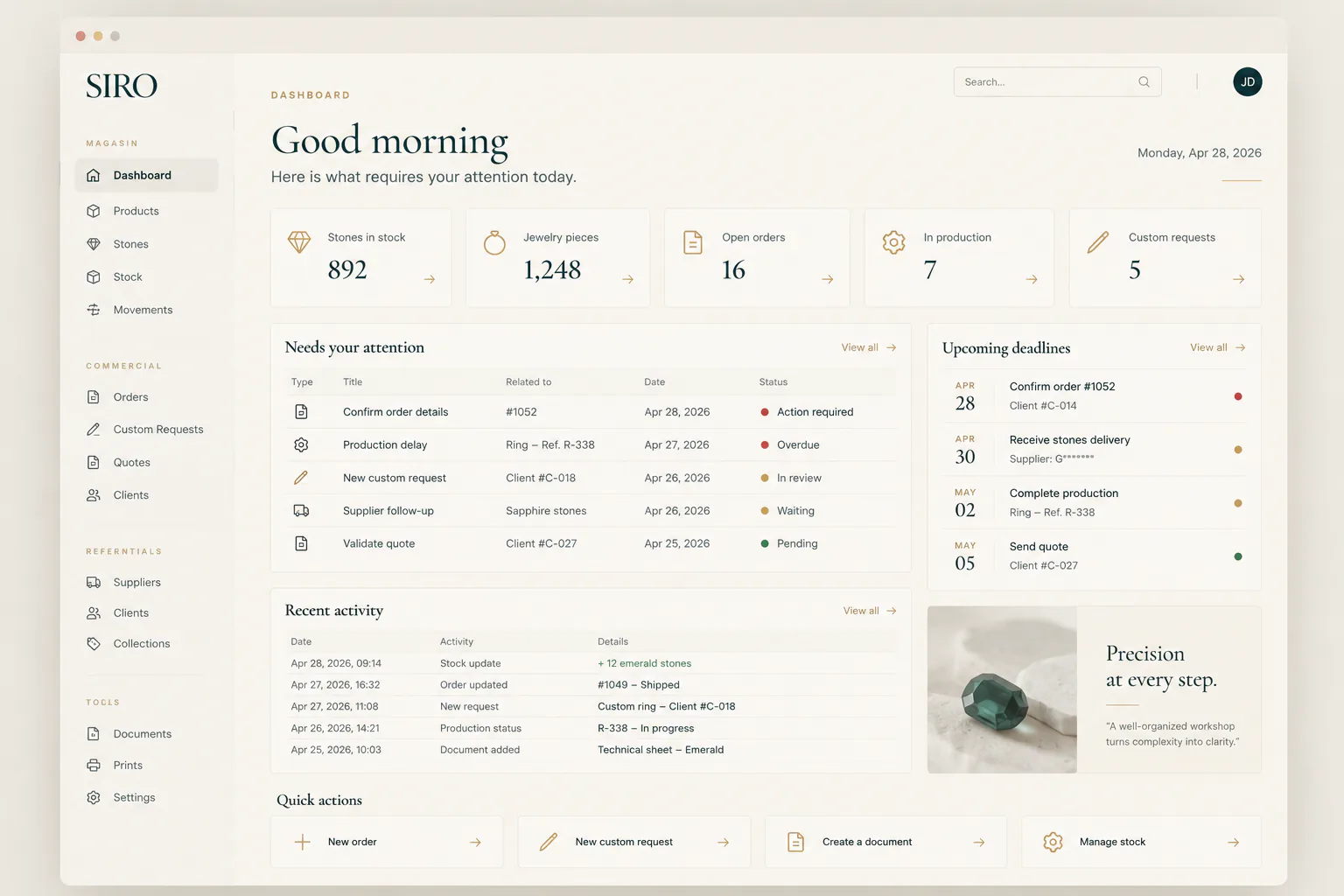 Dashboard opérationnelle SIRO Jewelry avec stocks, commandes, productions, demandes, échéances et activité récente.