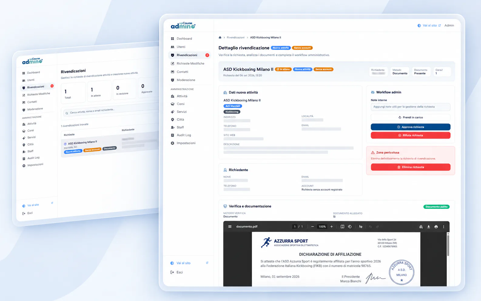 Back-office upCourse de modération, avec revendications d’établissements, workflow administratif et vérification documentaire.