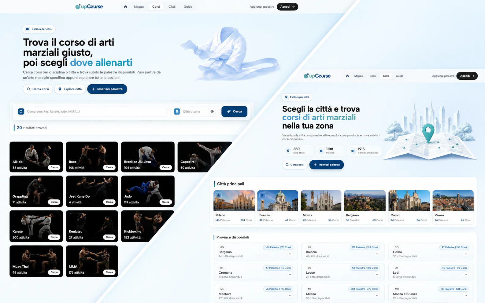 Pages upCourse dédiées aux disciplines et à la recherche de cours par ville ou zone géographique.