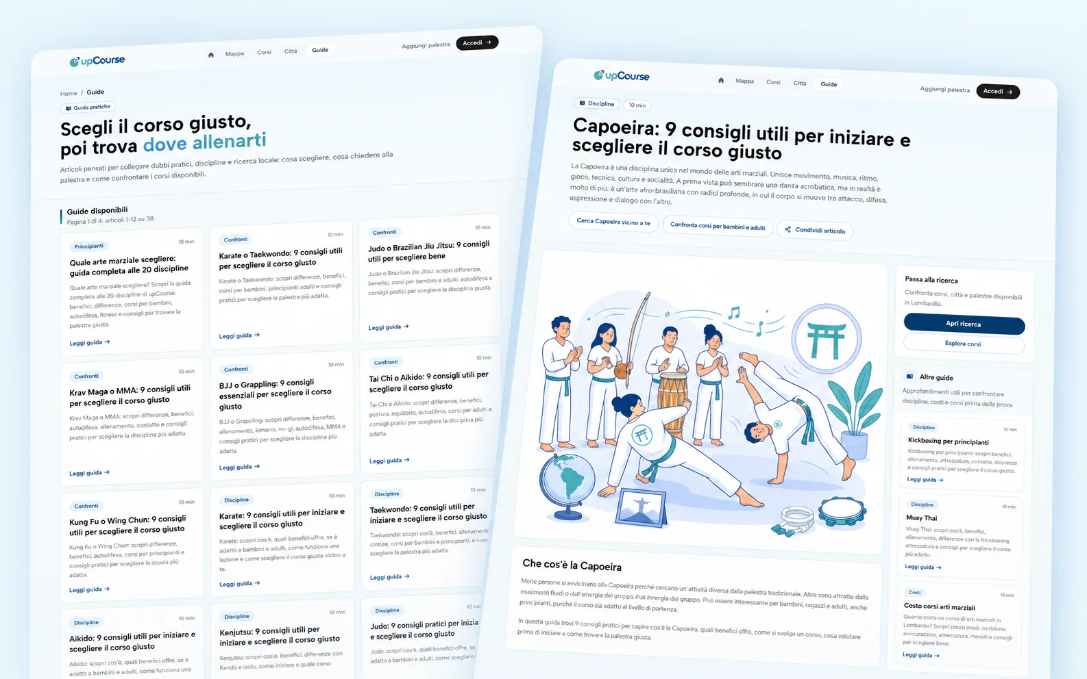 Guides éditoriaux upCourse, avec sélection de disciplines et article pratique sur la Capoeira.