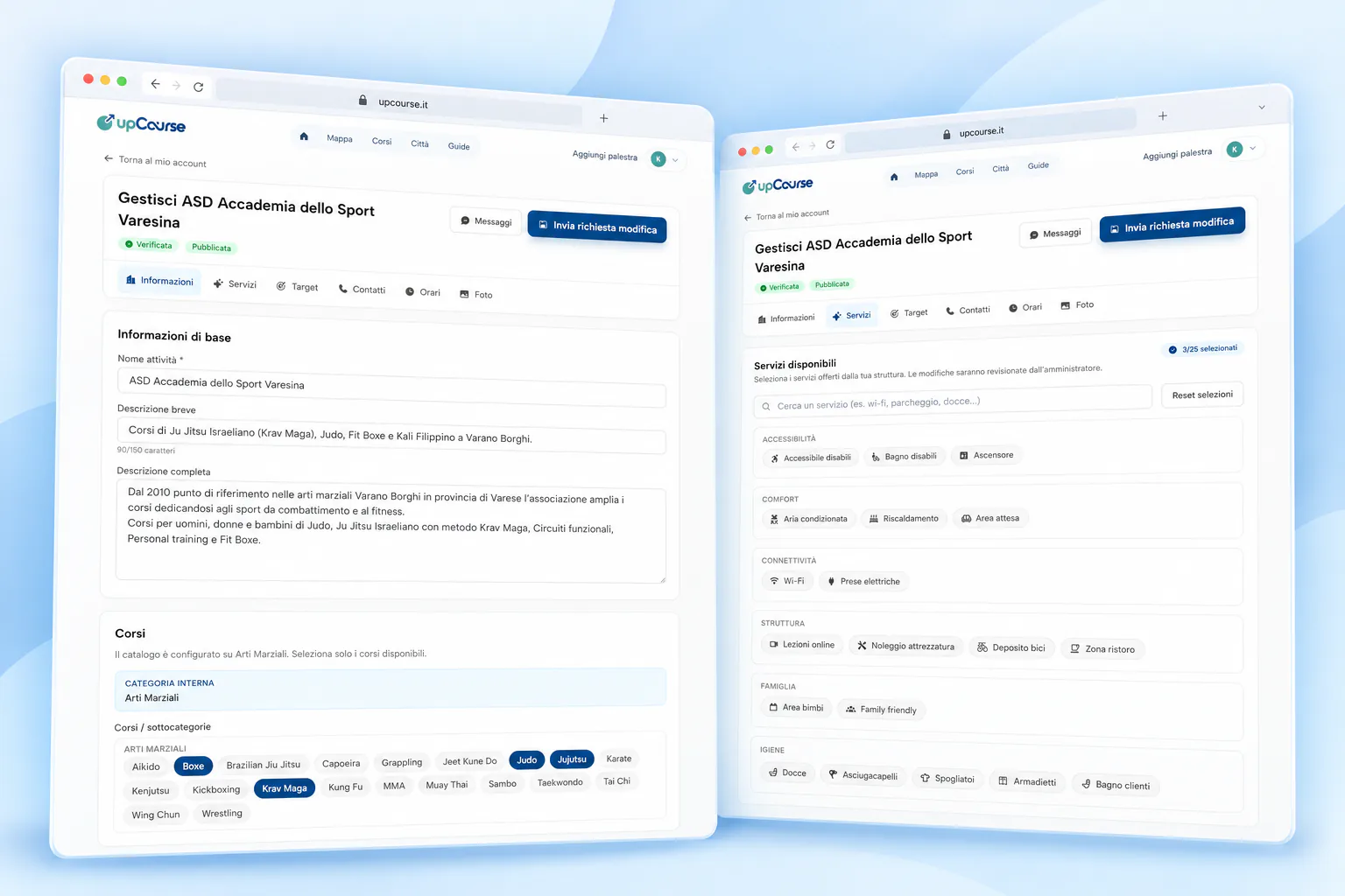 Espace gestionnaire upCourse pour modifier les informations, disciplines et services d’un établissement.