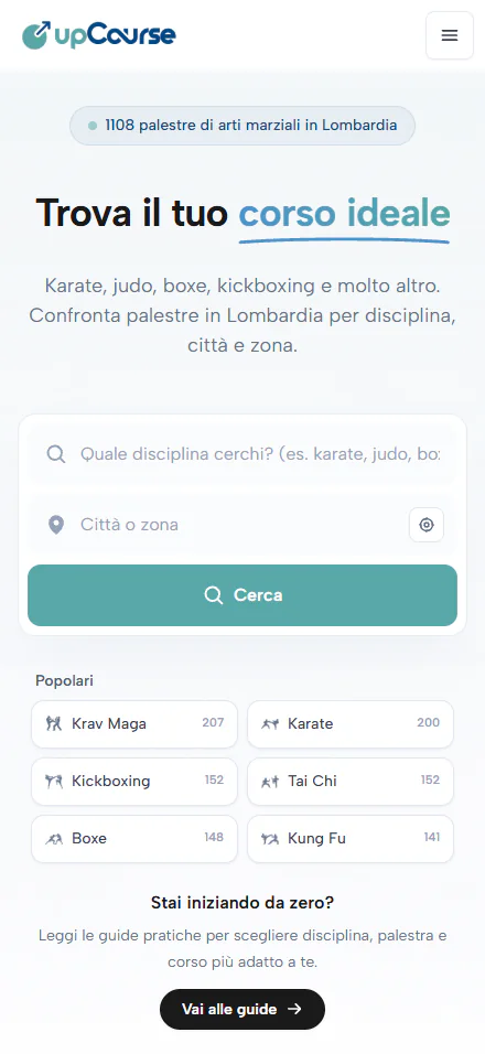 Page d’accueil upCourse sur smartphone, avec recherche de cours et disciplines populaires.