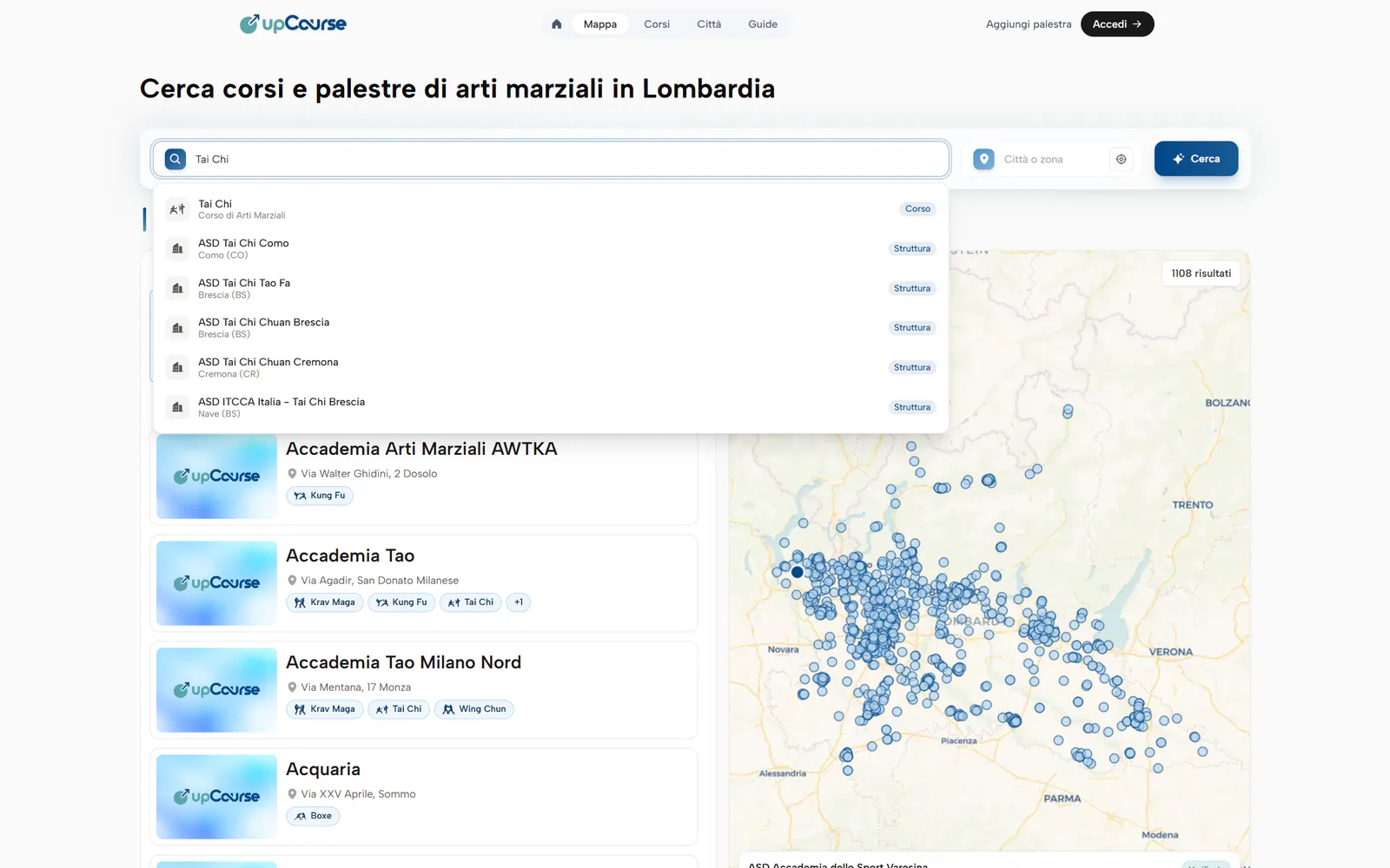 Recherche upCourse avec suggestions Tai Chi, résultats d’établissements et carte de Lombardie.